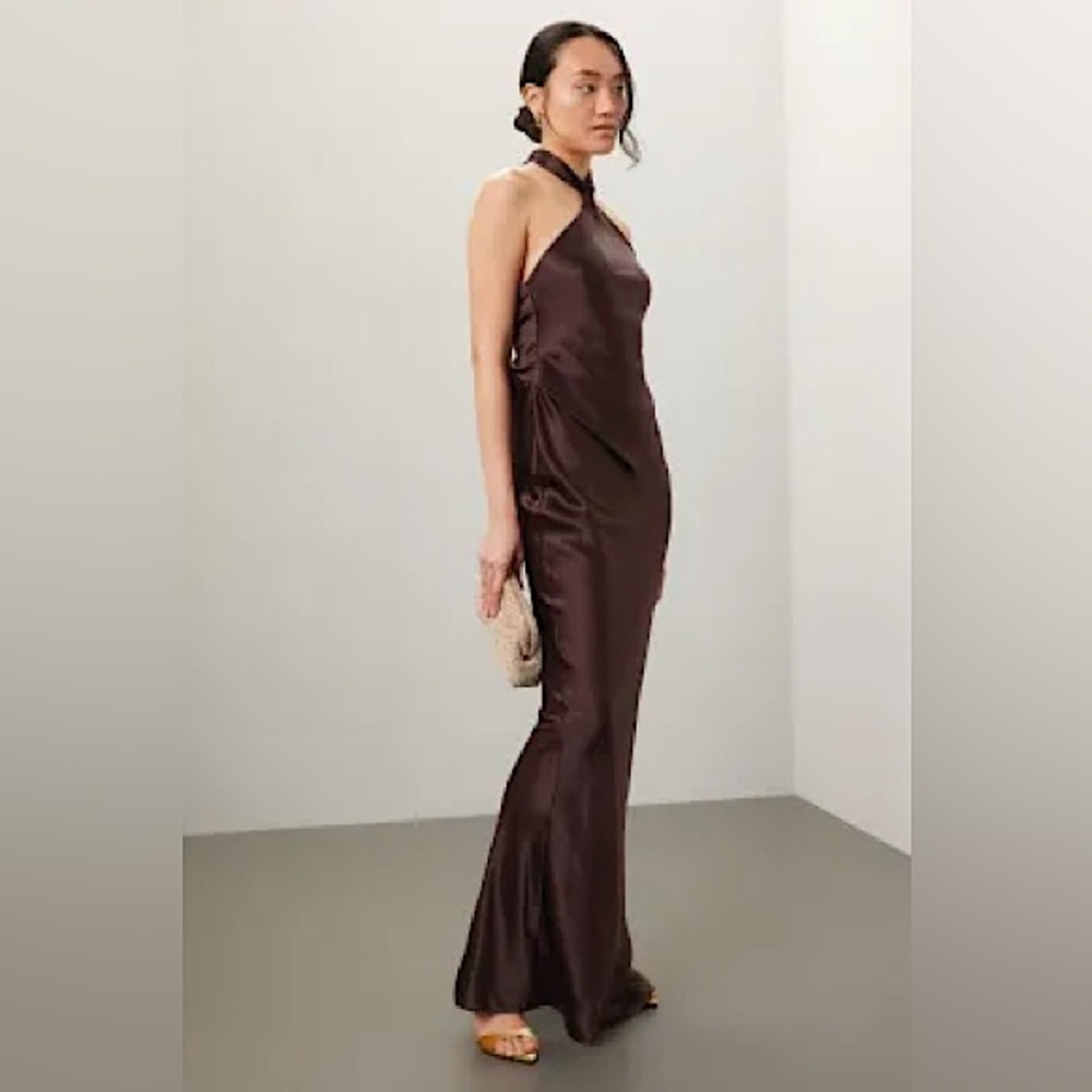 Retrofete Dress Womens X Large Brown Ester Satin Halter Open Back Gown